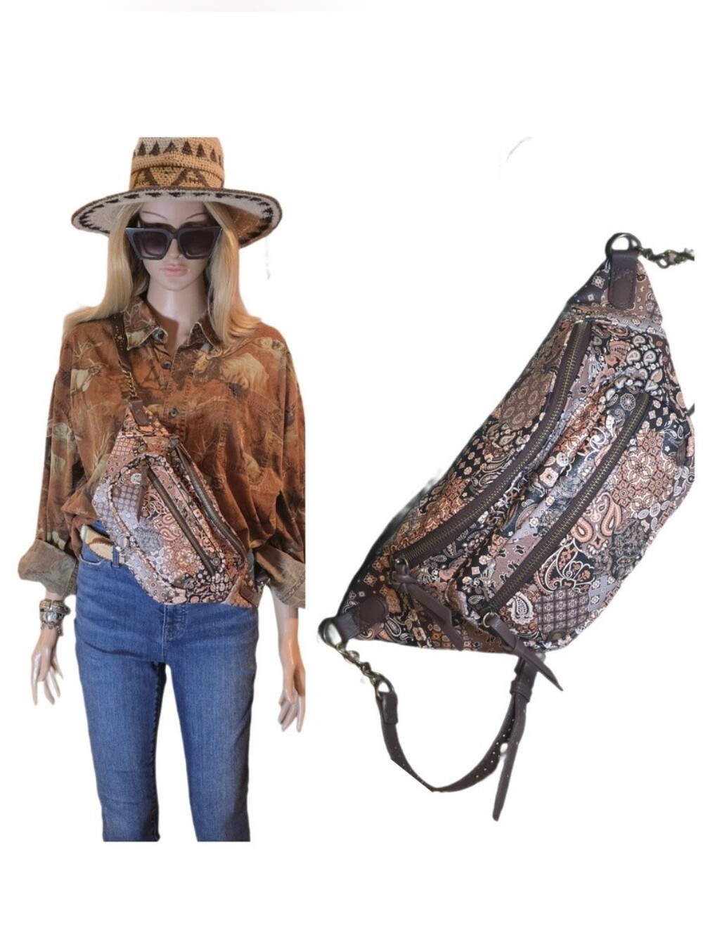 No Boundaries Patchwork Crossbody Belt Bag Brown Paisley EUC